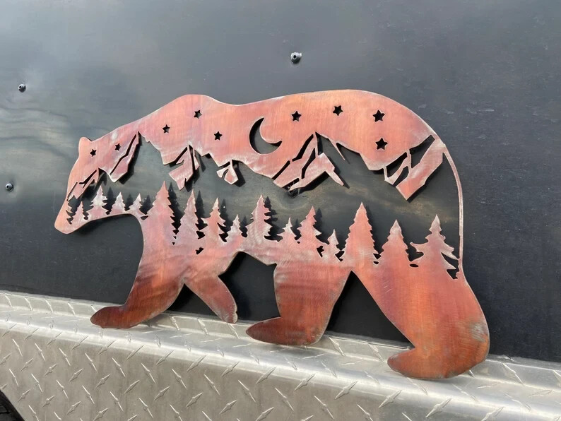 Copper Torch Bear Scene With Mountains and Stars Metal Wall Art