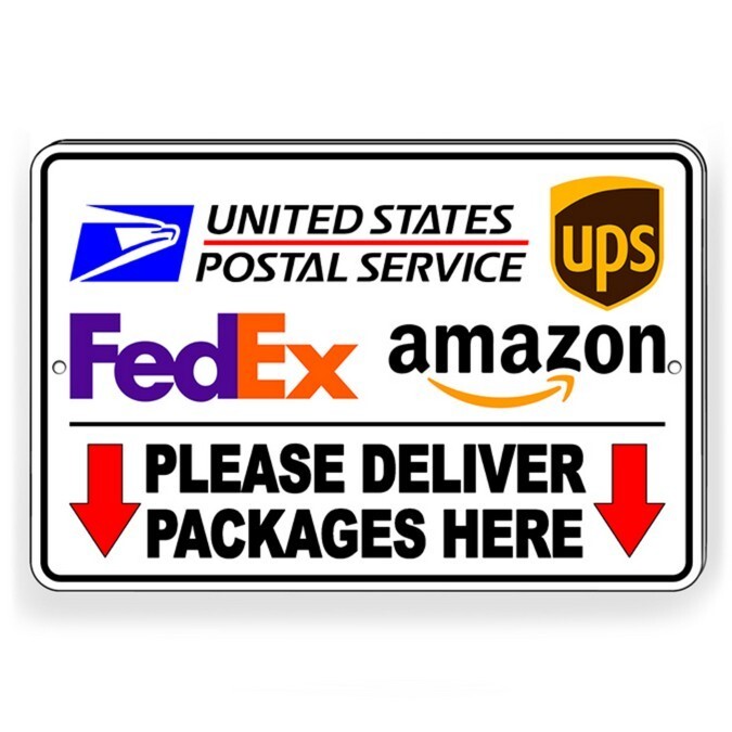 Please Deliver Packages Here Arrows Down Metal Sign Delivery Driver Instructions