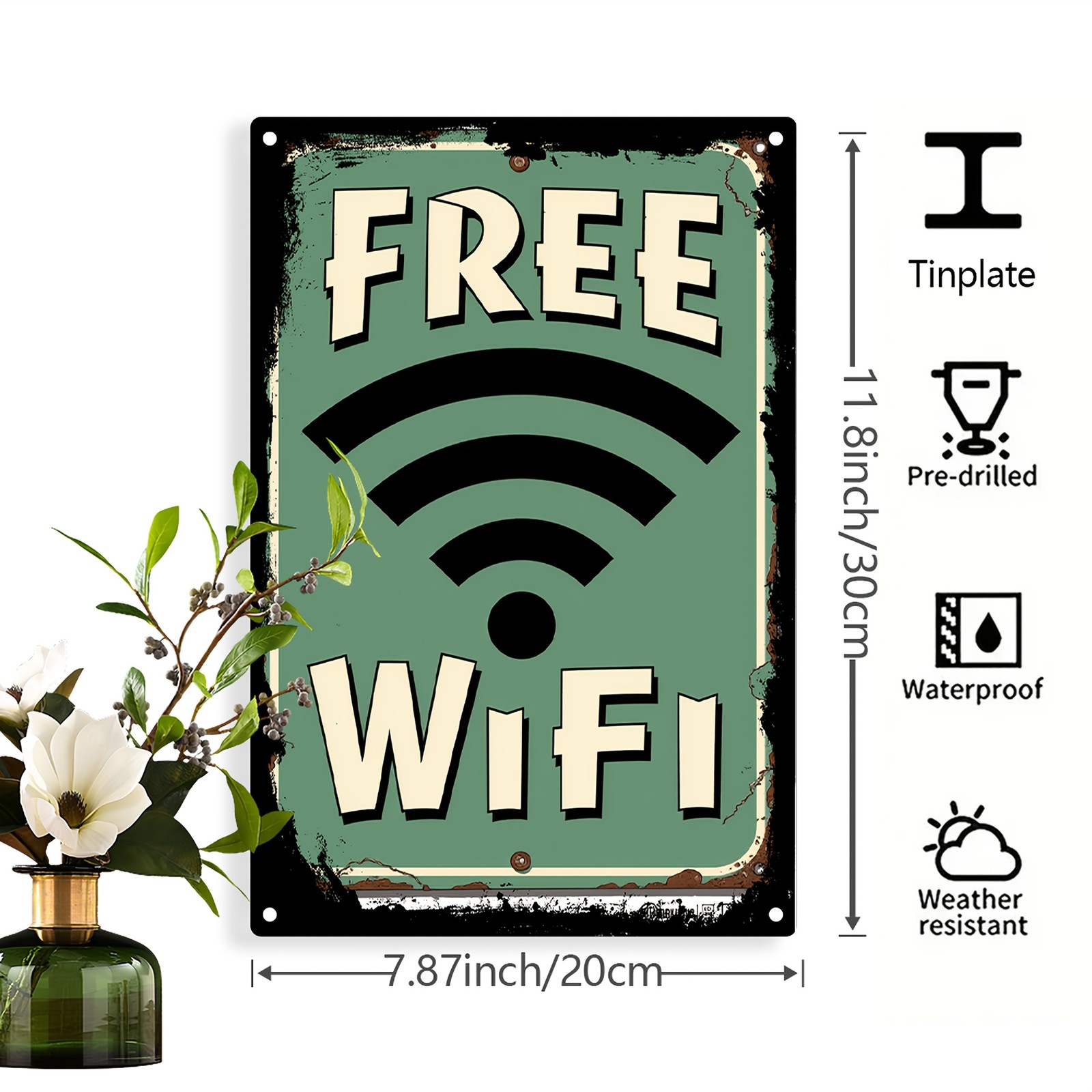 Vintage “Free WiFi” Metal Sign Rustic Green & Yellow 19.99×29.97cm