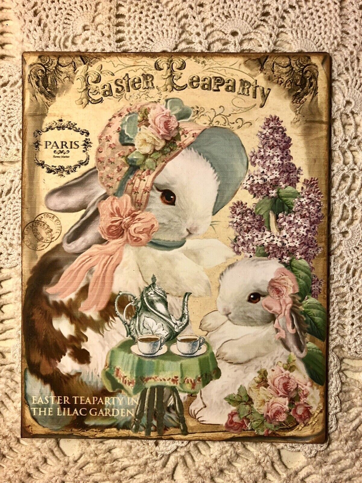 Shabby Chic Easter Bunny Tea Party French Country HANDCRAFTED Plaque / Sign