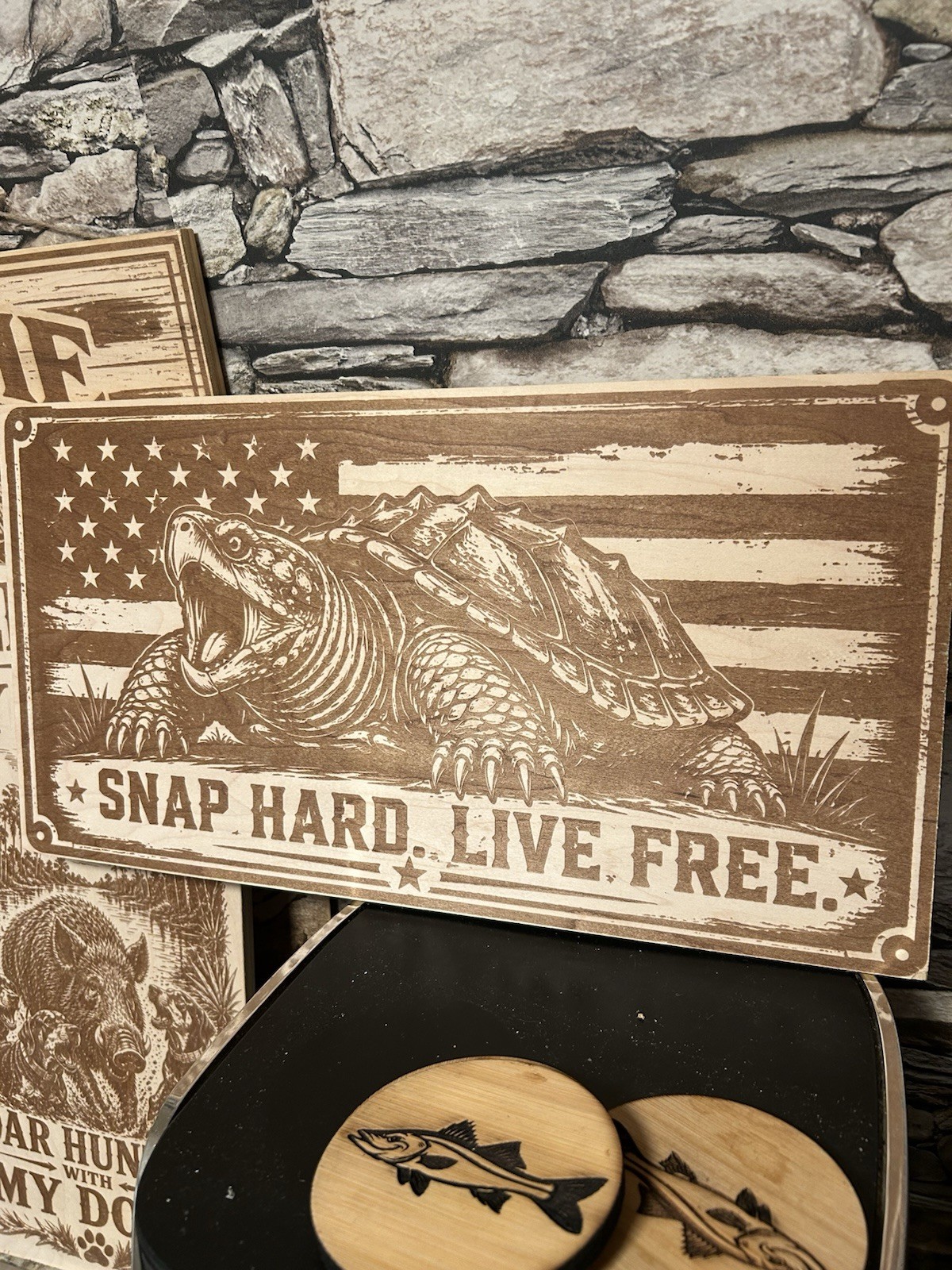 Live Free Turtle American Flag Rustic Wood Wall Sign, Horizontal