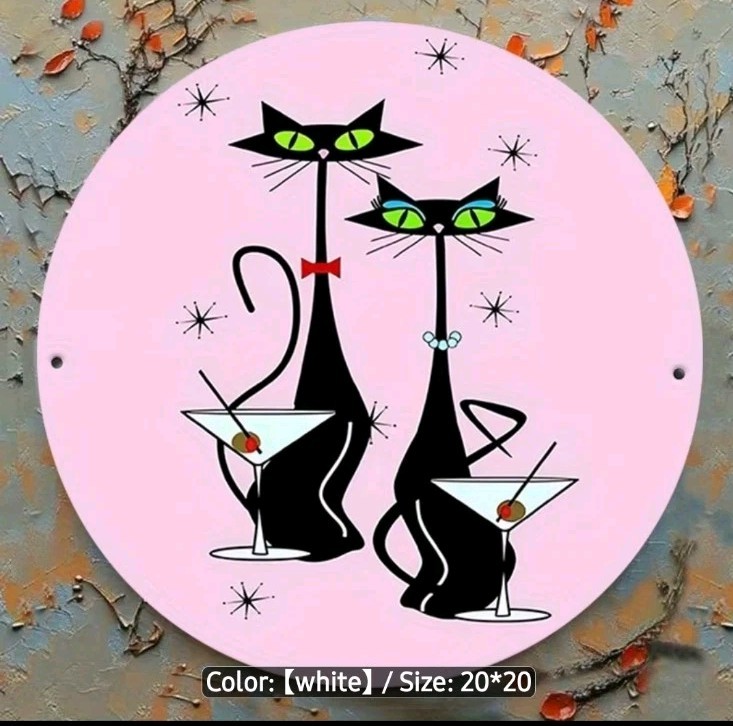 Retro Atomic Black Cat Metal Sign Pink Mid Century Modern Wall Decor Green Eye