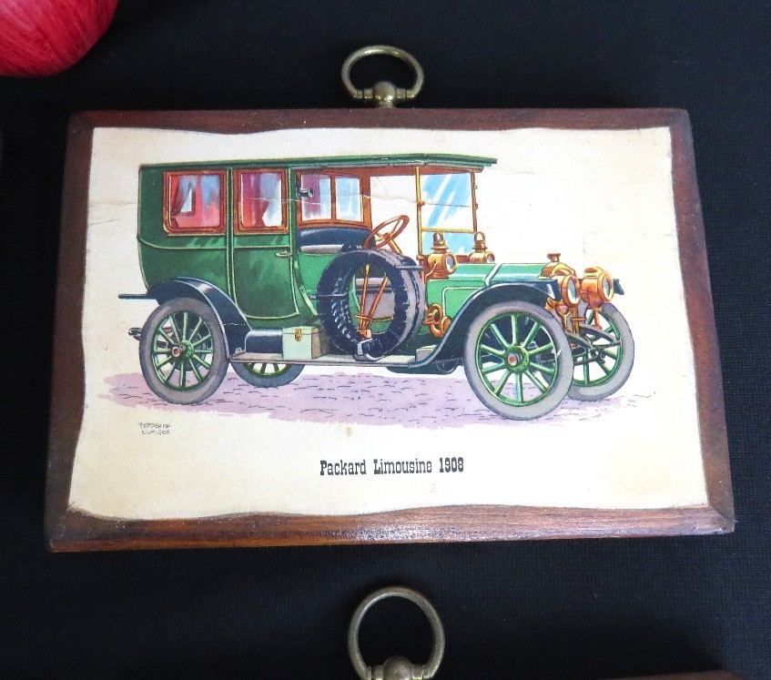 Four vintage 1960’s Frederick Elmiger Antique Cars Pine Wall Plaques