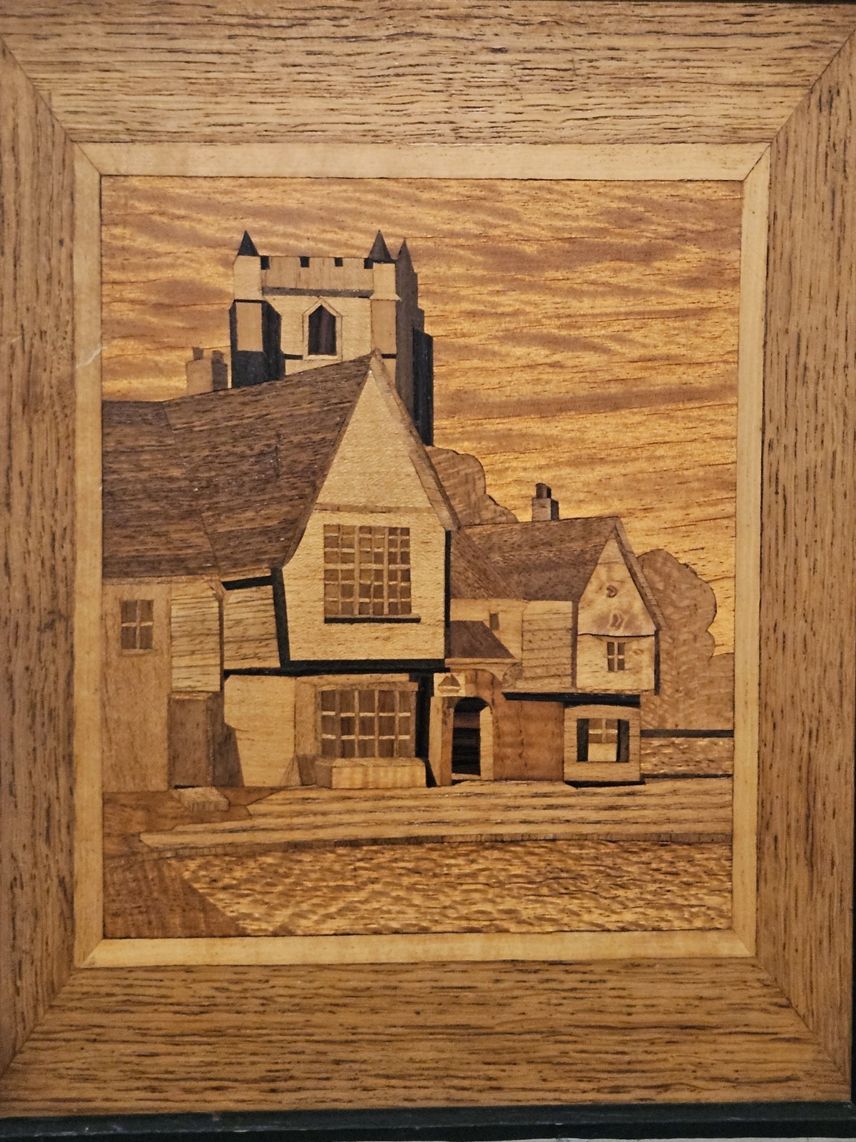 Vintage Wood Marquetry Inlay Village Scene Wall Art England Nov 1955 Framed