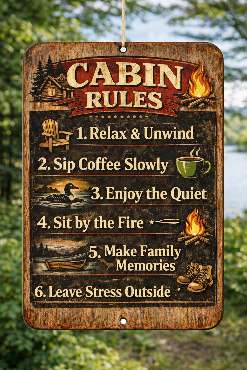 Cabin Rules Metal Sign Rustic Lake House Decor 8×12 Campfire Lodge Camping