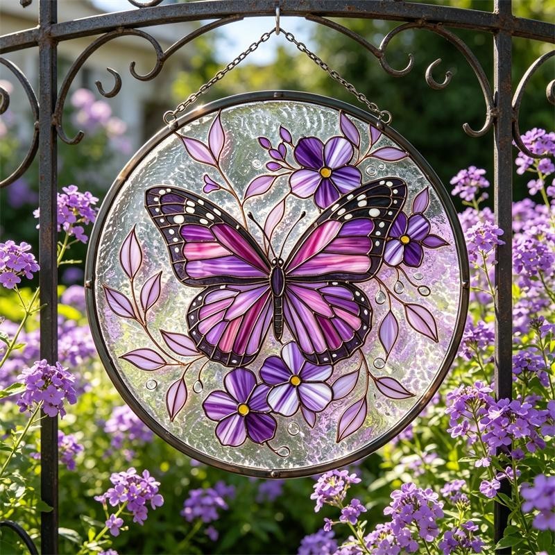 Purple Butterfly Stained Glass Suncatcher – Floral Window Art
