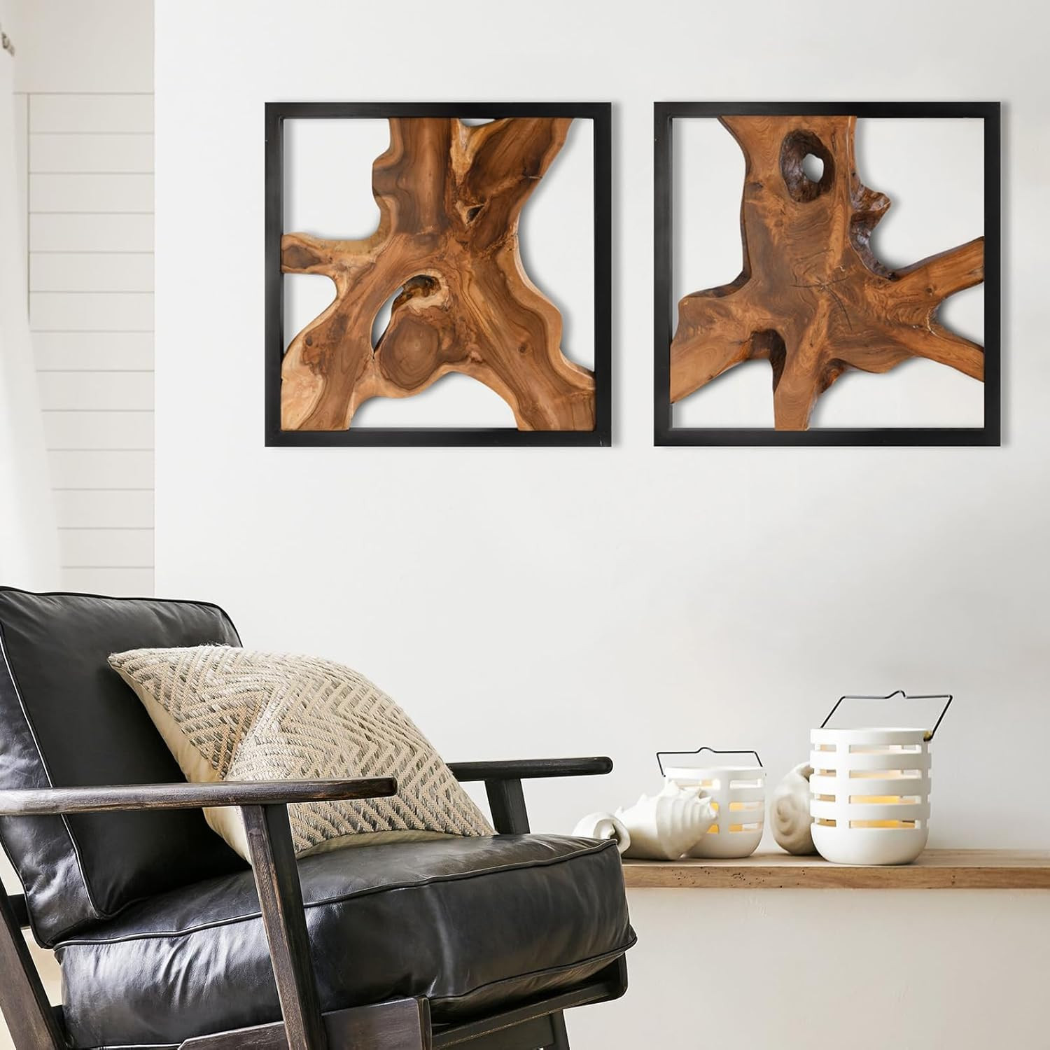Rustic Live Edge Teak Wood Wall Art – 2 Pack with Black Frame, 17″x17