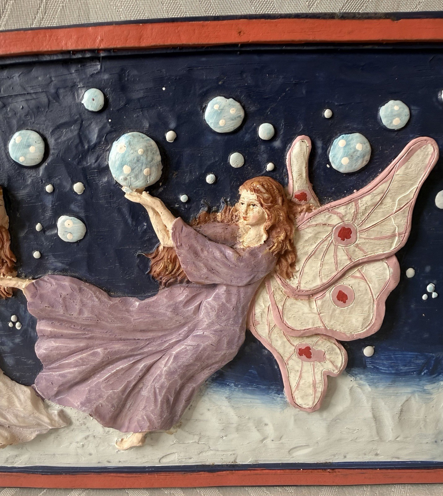 Vintage Multicolor Playing Dancing Fairy Sculptured Resin Moon Wall Art