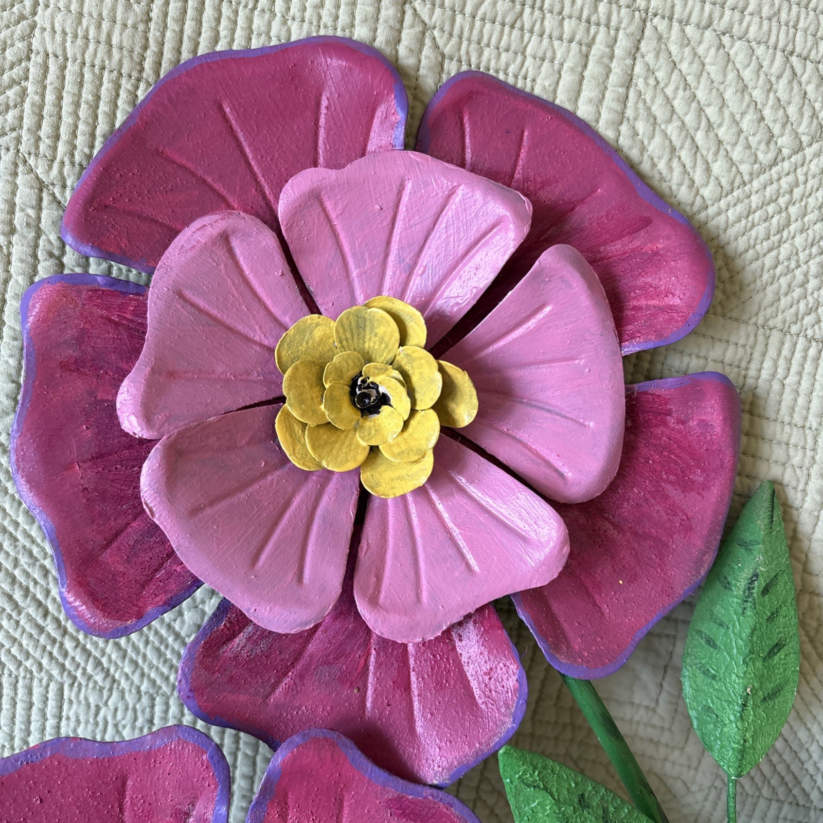 3 Large Pink Metal Flowers Wall Hanging In/Outdoor 26” Tall Flowers 8” Diameter