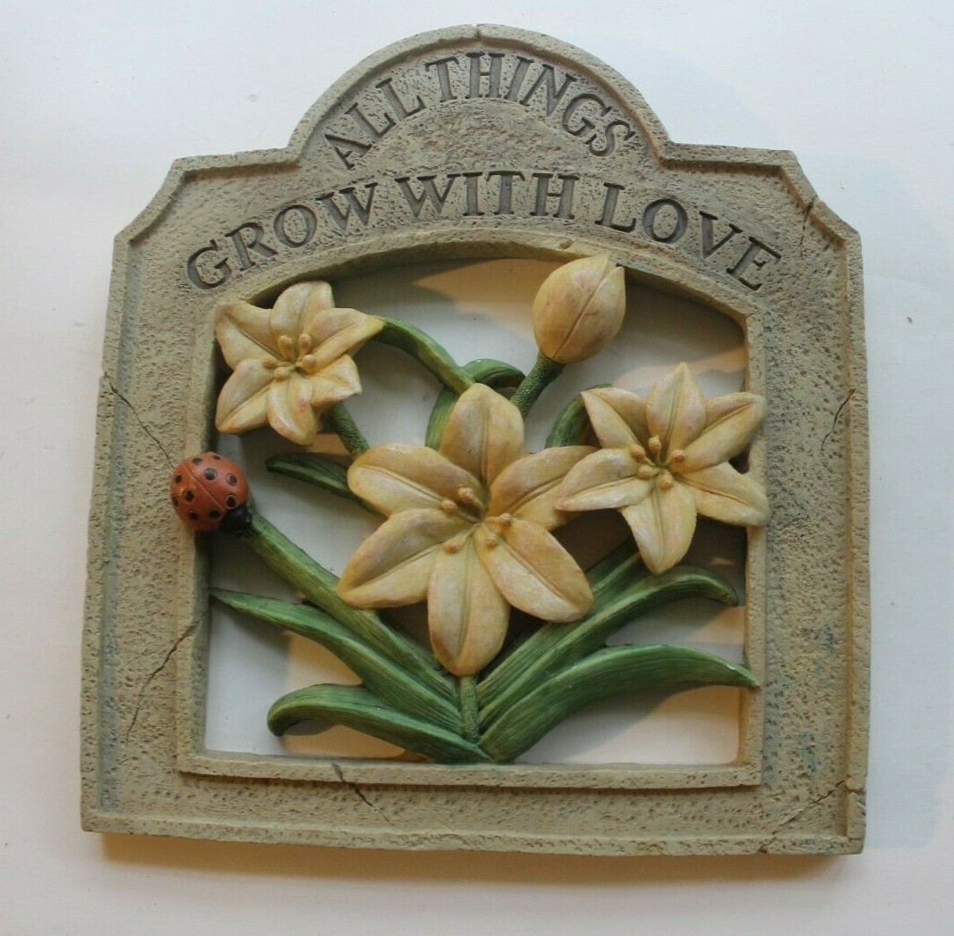 Distressed Resin Sign-” All Things Grow With Love” with Flowers and Ladybug