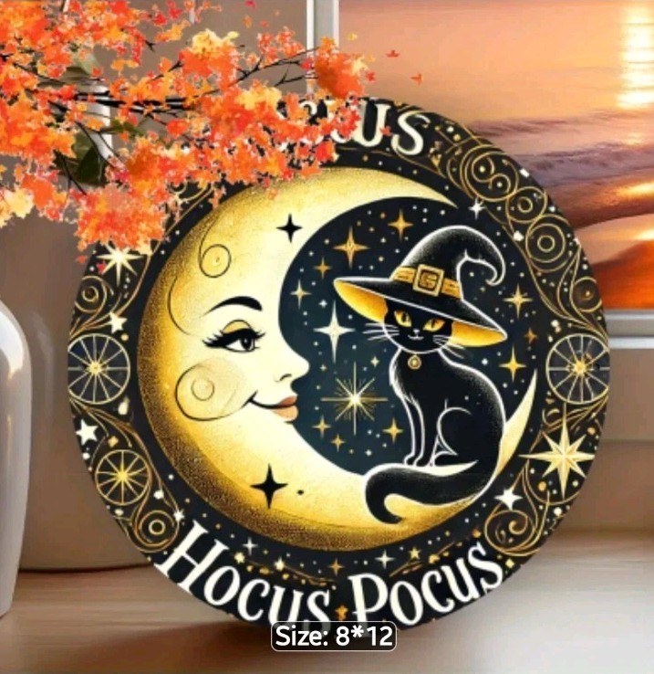 Hocus Pocus Black Cat Moon 8″ Round Metal Wall Art Sign Halloween Decor