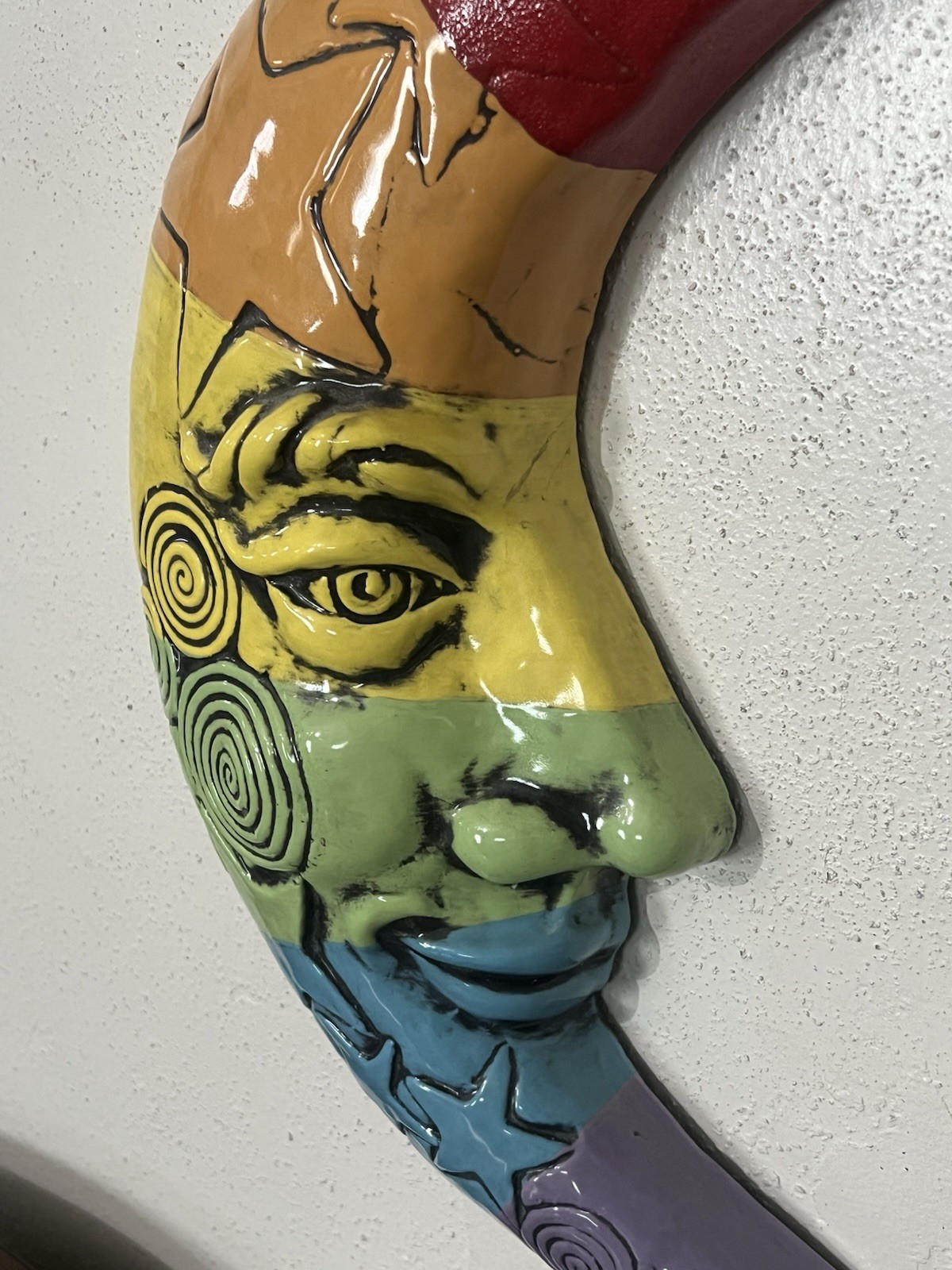 VTG Cast Metal Crescent Moon Face Wall Hanging Hand Painted Rainbow Whimsigoth