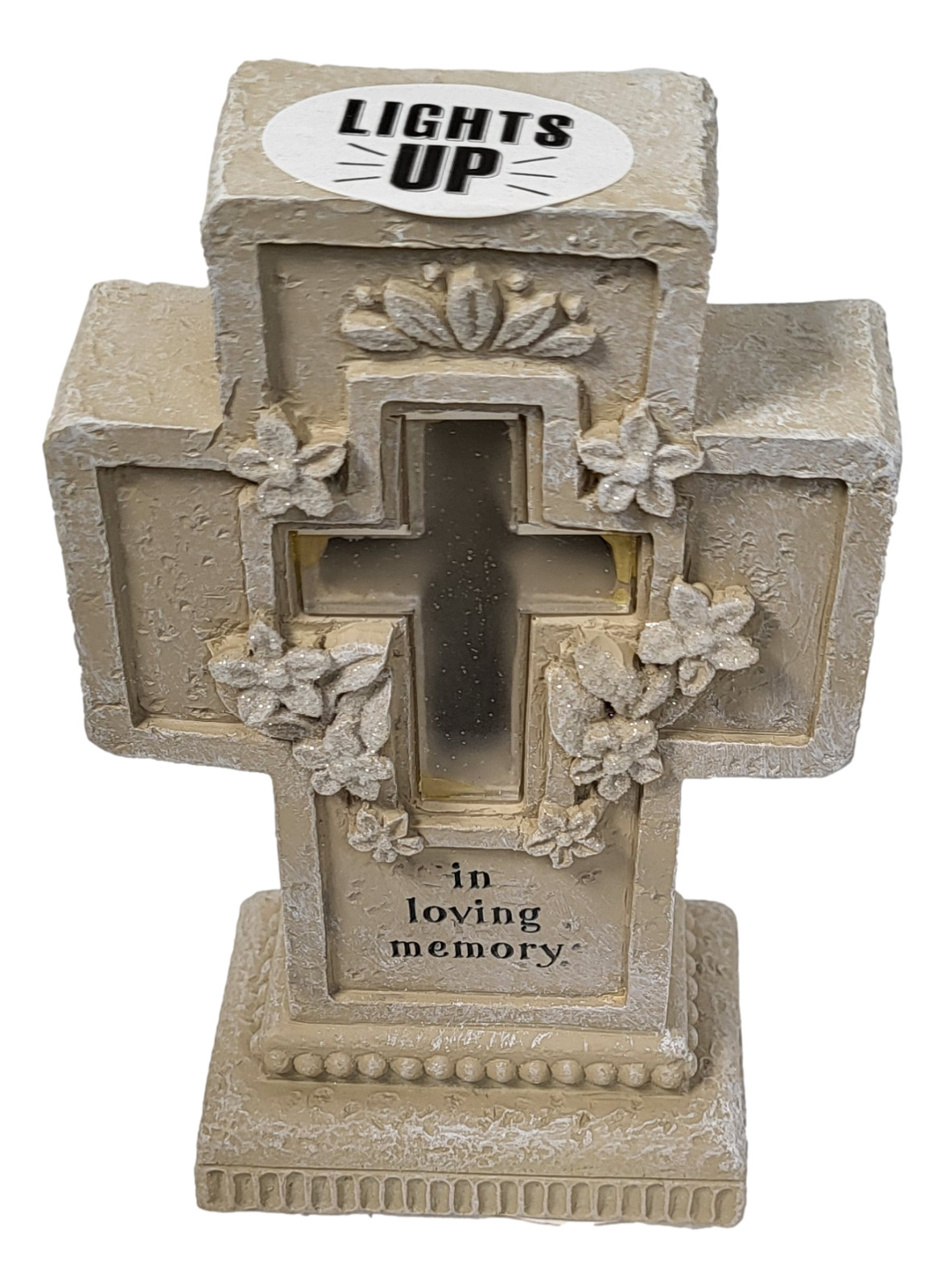 Decorative Light Up Pedestal Cross ~ In Loving Memory Stone Finish 6″