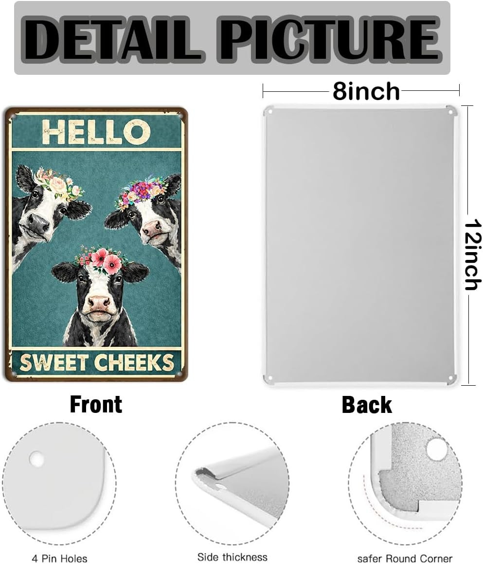 Hello Sweet Cheeks Cow Metal Tin Sign 8×12 Funny Bathroom Farmhouse Wall Decor
