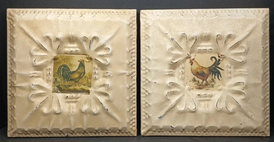 Country Chic Antique Look Enamel Painted Metal Rooster Chickens 10.5″ Wall Decor