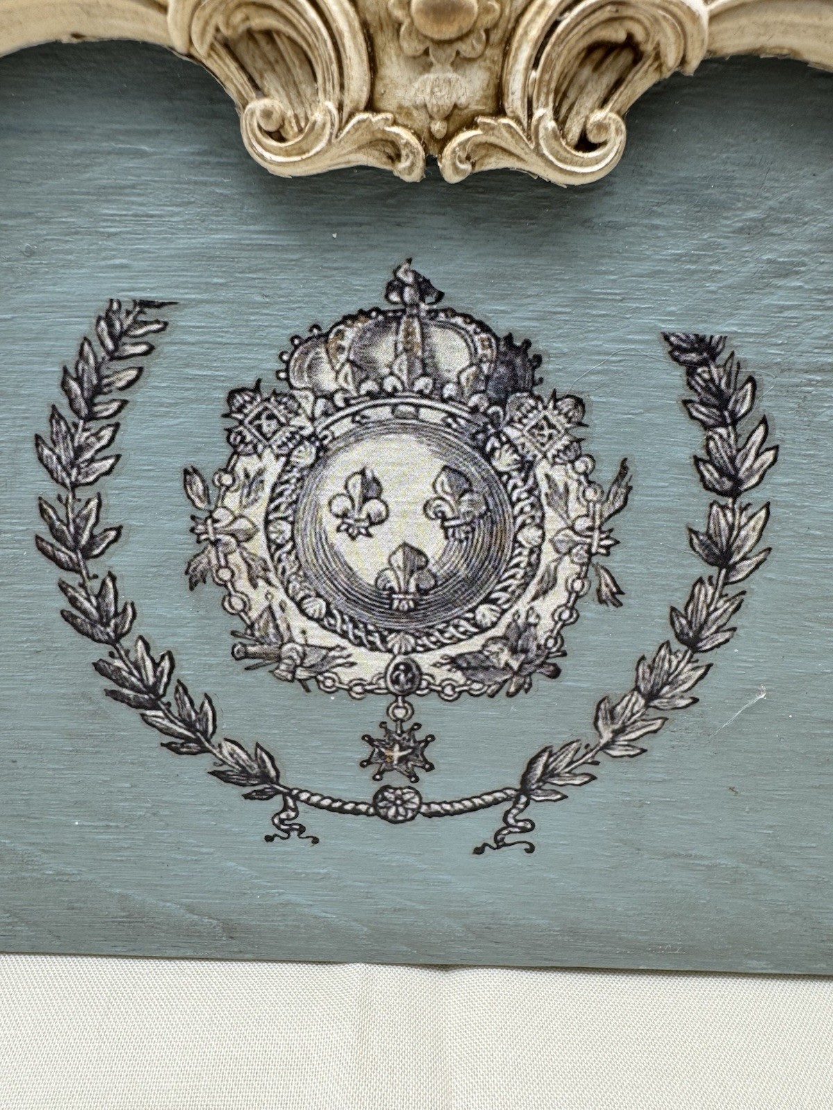 French Country Blue Crest Wall Plaque Ornate European Manor Decor Handmade