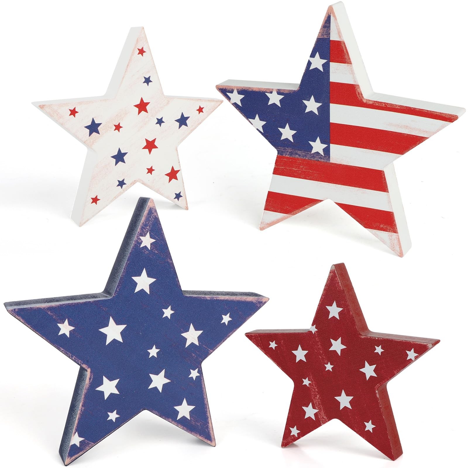 4th of July Wooden Star Decorations Red White Blue Retro Table Decor Set