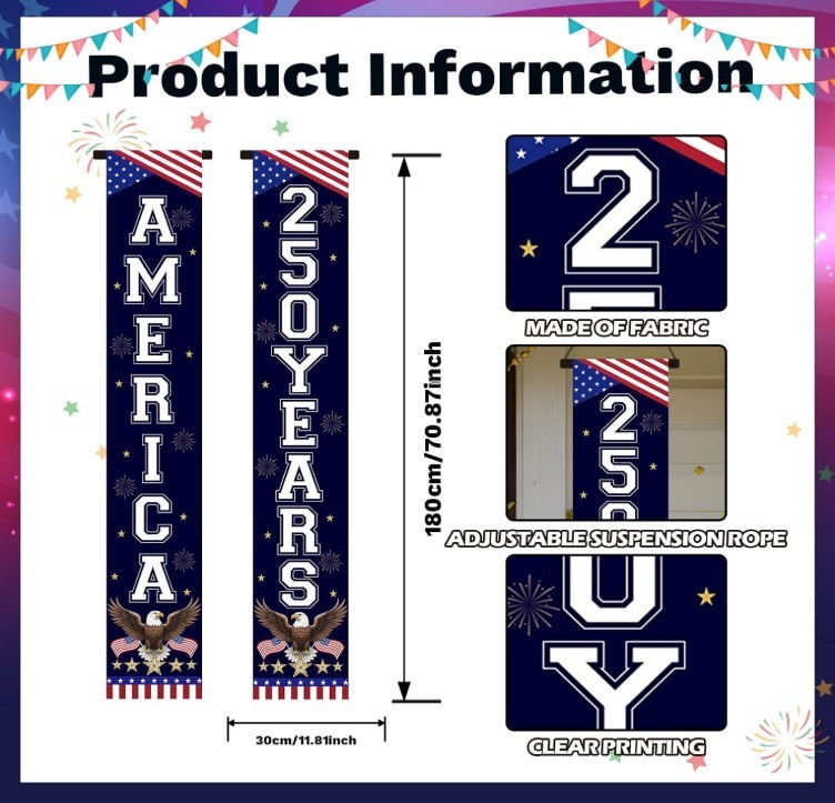 250Th Anniversary Banner, 1776-2026 American Patriotic Door Sign Hanging Decorat
