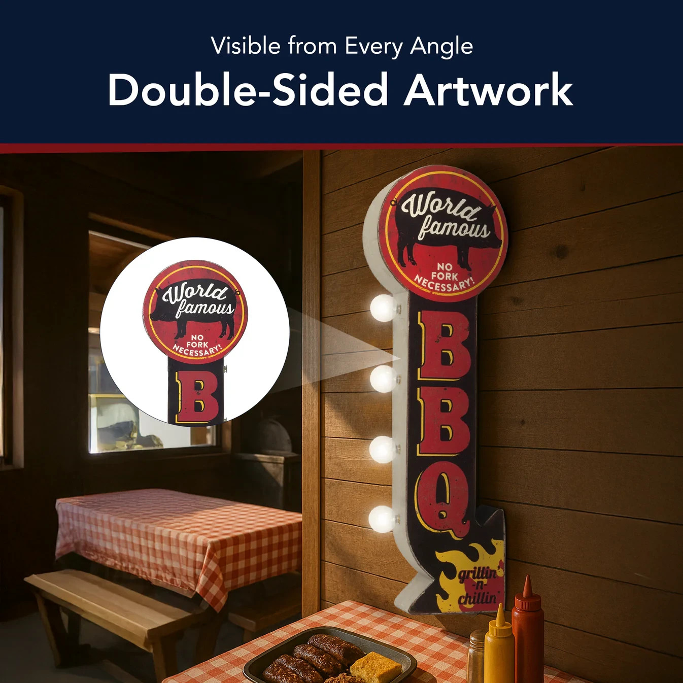World Famous BBQ Vintage Marquee LED Sign, Double Sided, Grillin n Chillin