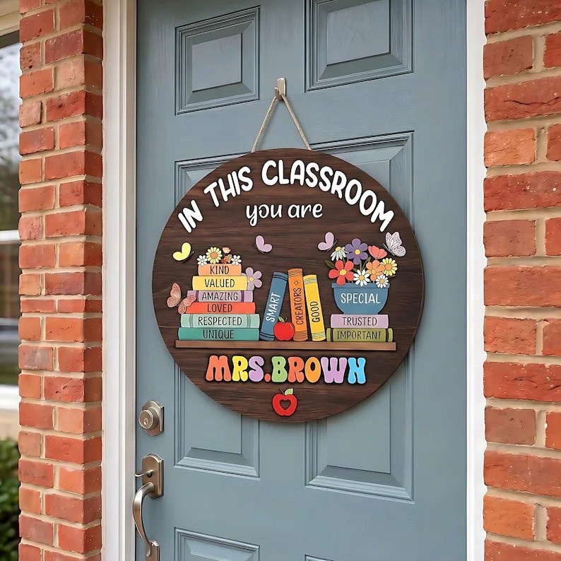 Personalized Teacher Wooden Door Sign, Custom Classroom Decor Gift