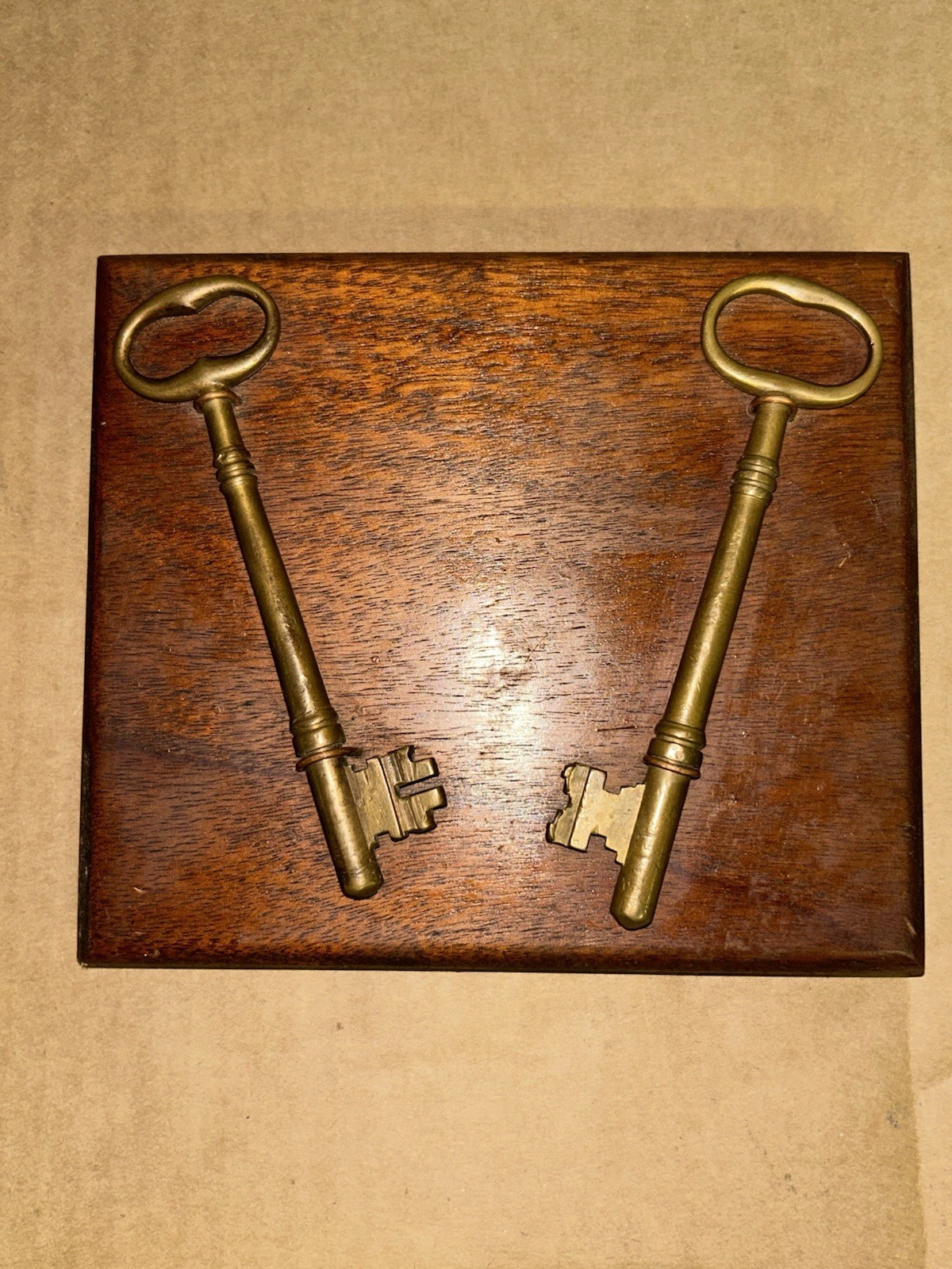 Bronze Keys Tied With Copper Wire On Stained 6×5” Wooden Wall Hanging Plaque