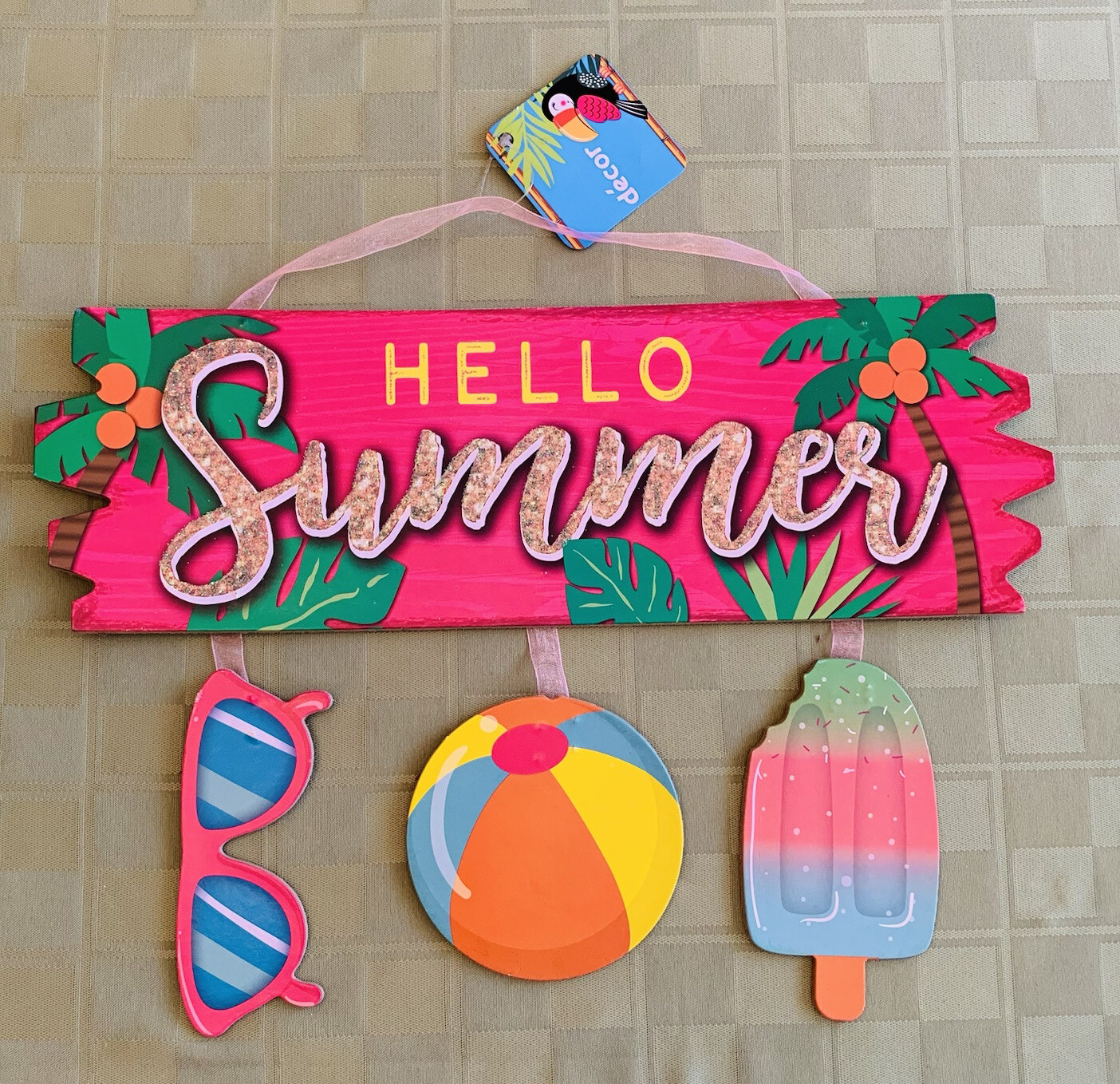 HELLO SUMMER Sign Sunglasses Beach Ball Frozen Treat Decor Glitter Wall Door NEW