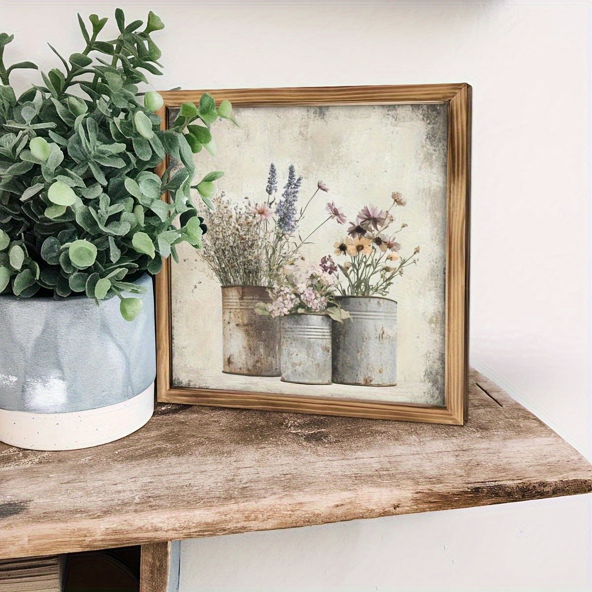 2D Vintage Dry Flower Wall Art Rustic Wood Frame Farmhouse Room Kitchen Decor