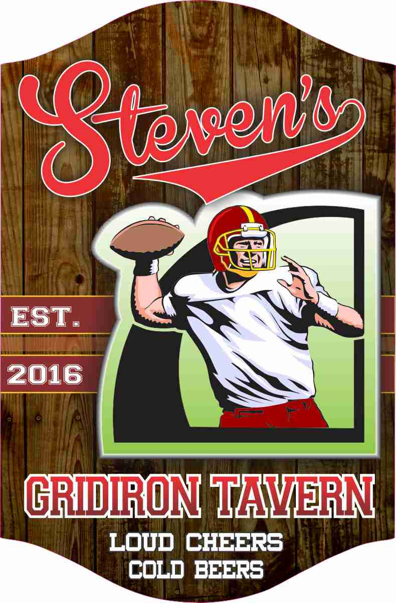 Football Themed Bar Tavern Home Bar Sign Faux Wood Grain with Quarterback