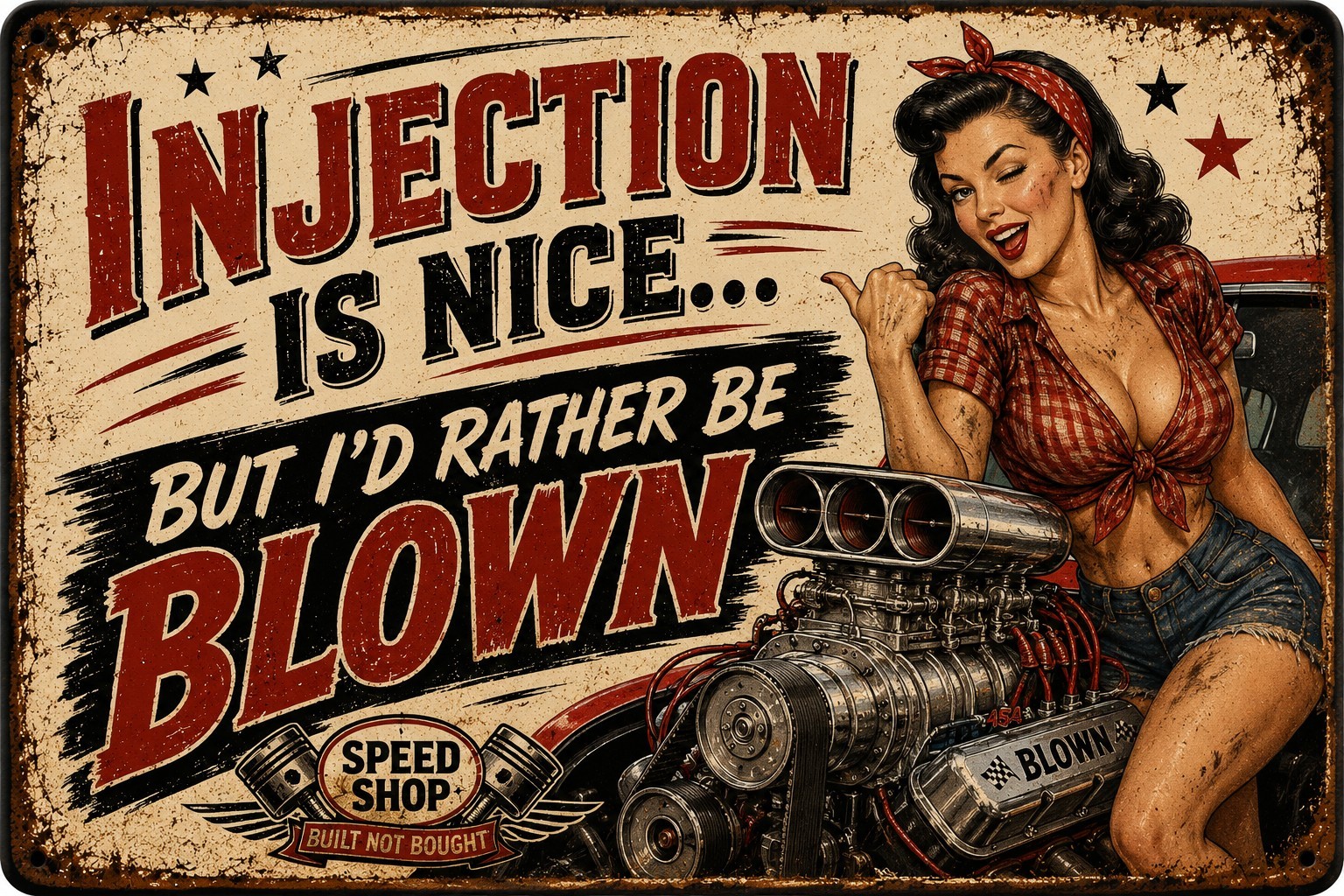 Injection Is Nice But I’d Rather Be Blown Funny Car Garage Metal Sign 8×12