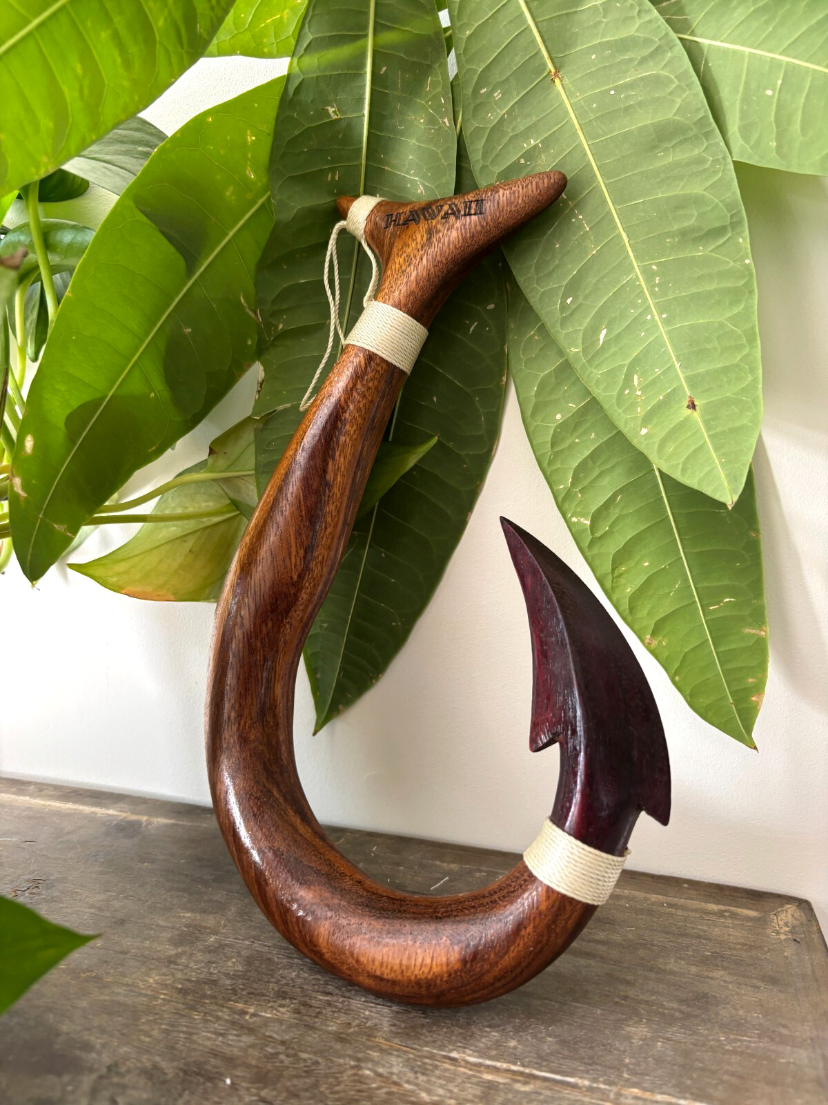 Hawaiian Hand Made Wall Decor Solid Wood Polynesian Tribal Engraved Fish Hook
