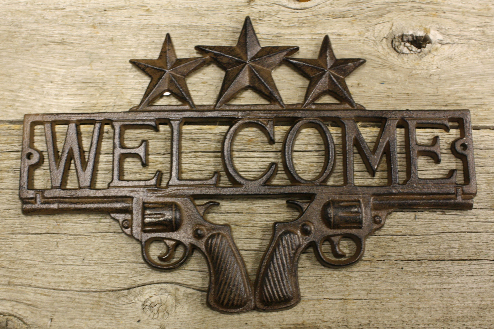 Cast Iron PISTOL WELCOME Plaque Sign Rustic Ranch Western Style Man Cave Cowboy