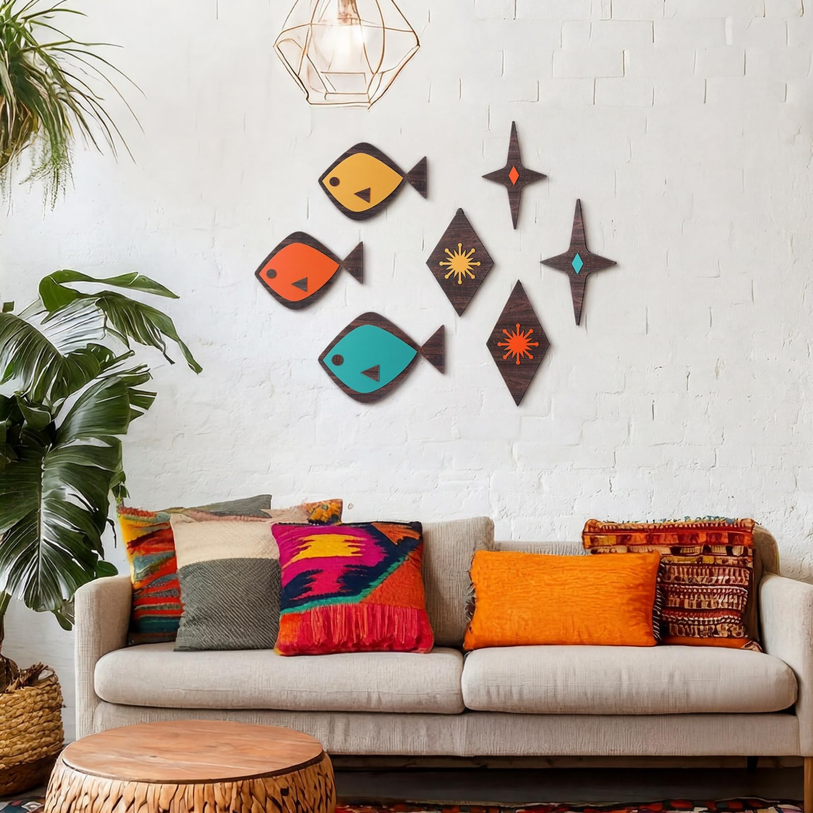 7 Pcs Mid Century Modern Wall Art Abstract Fish Wall Decor Retro Atomic Stars…