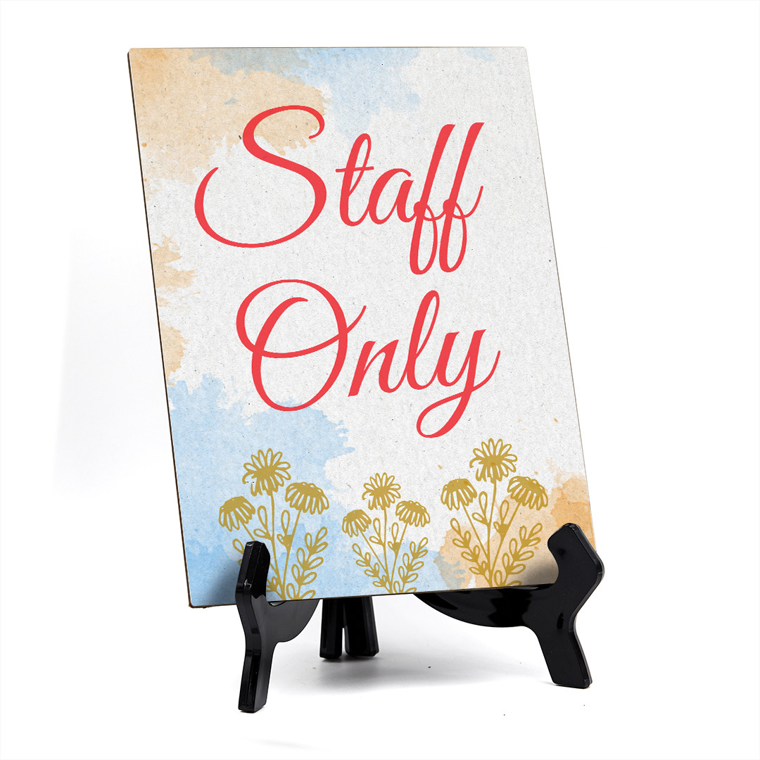 Signs ByLITA Staff Only, Blue Watercolor Table Sign With Acrylic Stand (6 x 8″)