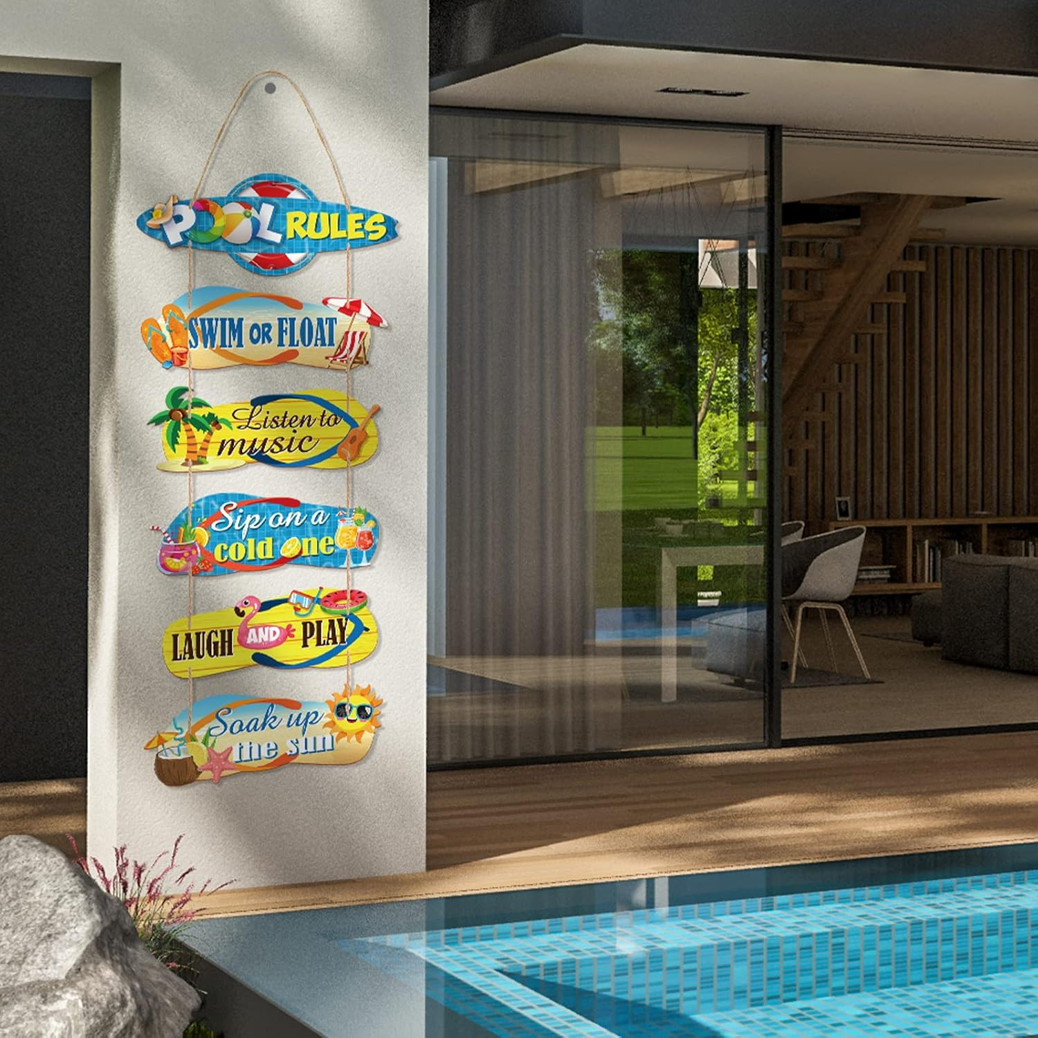 6 Pack Pool Rules Signs and Decor Outdoor, Wooden Beach Wall Hanging Decor, 4 X
