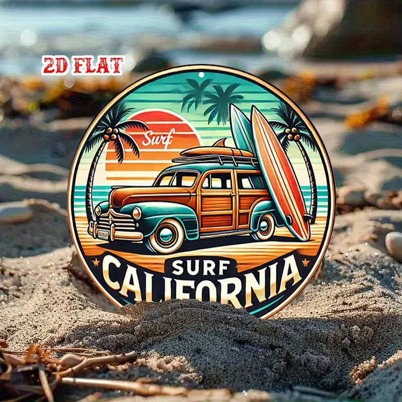 Vintage Beach Sunset Aluminum Metal Tin Sign – Retro Surfing & Palm Trees Round