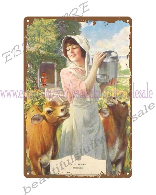 garage 1910s cream separator calendar art farm girl cow animals metal tin sign