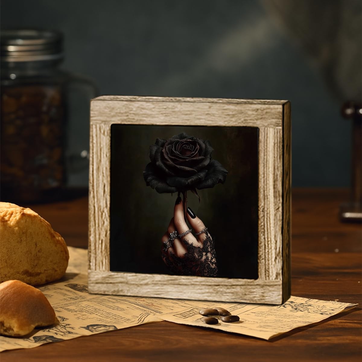 Gothic Black Rose Wooden Desktop Sign, Dark Academia Romantic Floral Wood Pla…