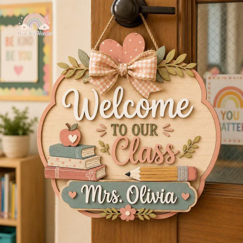 Personalized Teacher 3D Wooden Door Sign, Custom Name Classroom Decor