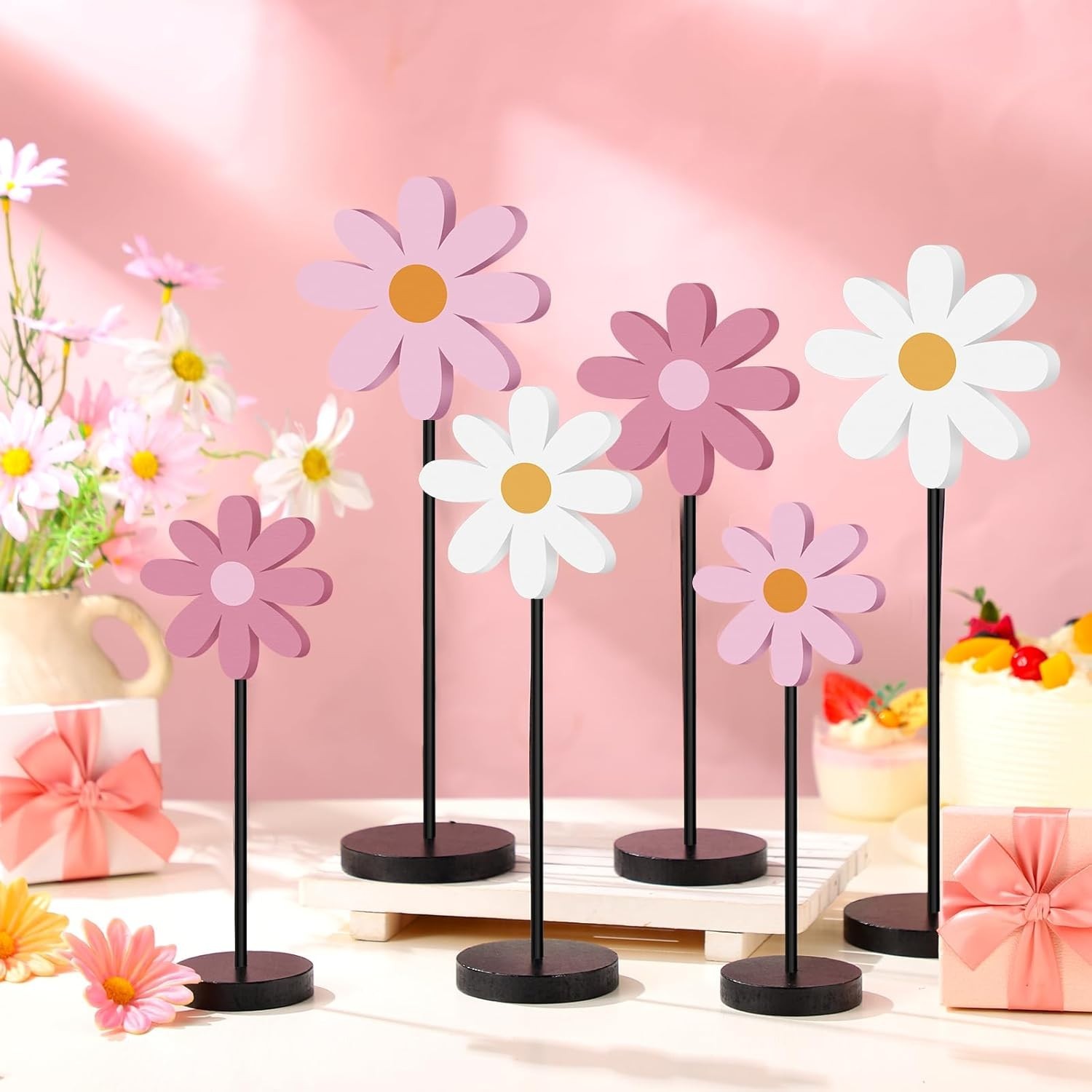 Geetery 6 Pack Summer Daisy Table Decor Wooden Daisy Centerpieces Boho Floral…