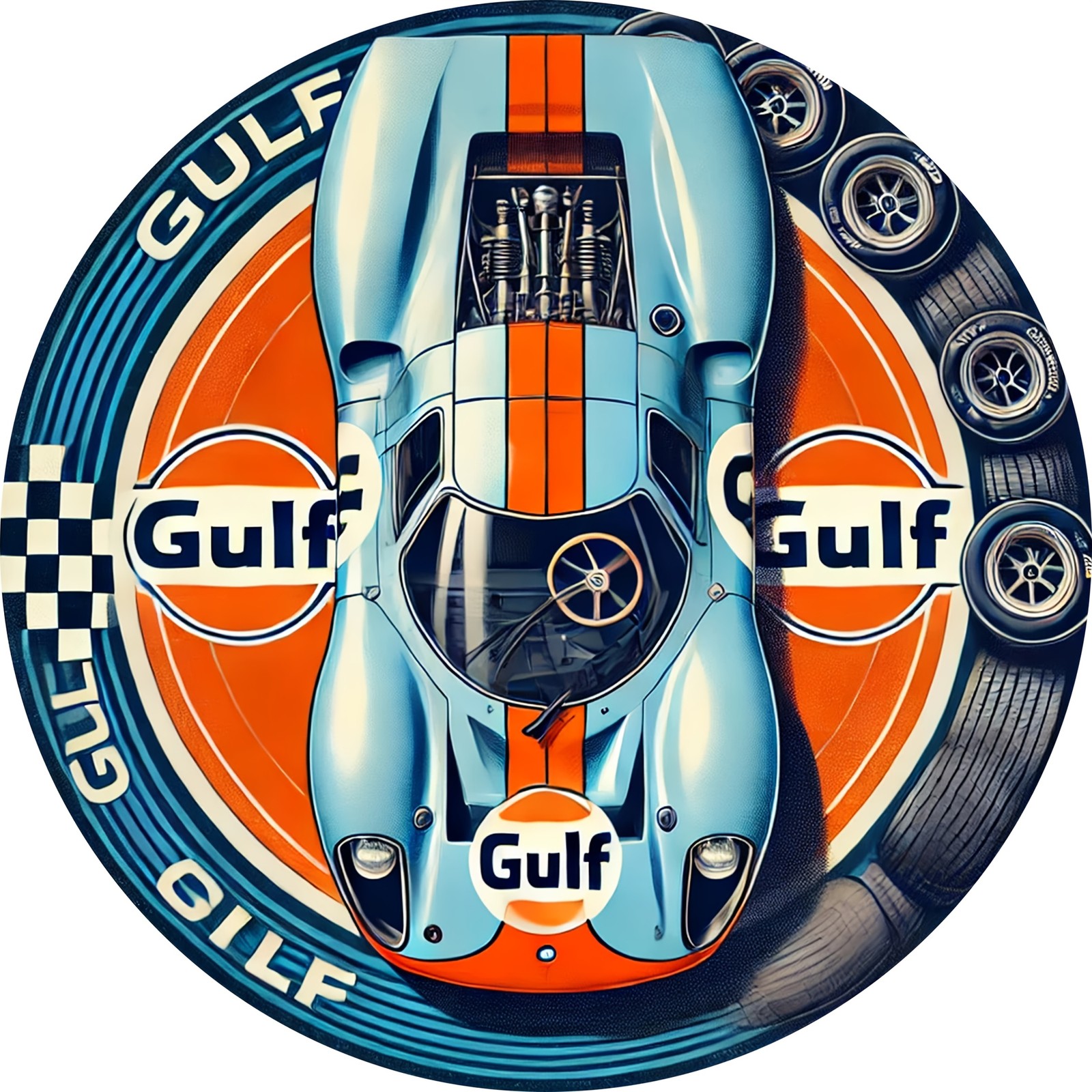 1pc Vintage Gulf Racing Car Tin Metal Signs – Retro Style Wall Art with Blue & O