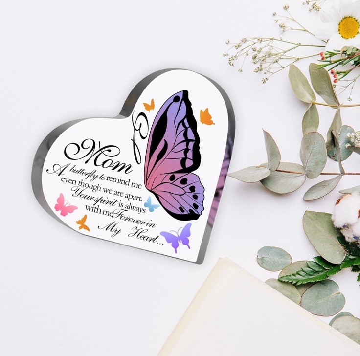 Heart Mom Memorial Butterfly Acrylic Plaque, Freestanding, 3.9 in White/Pink