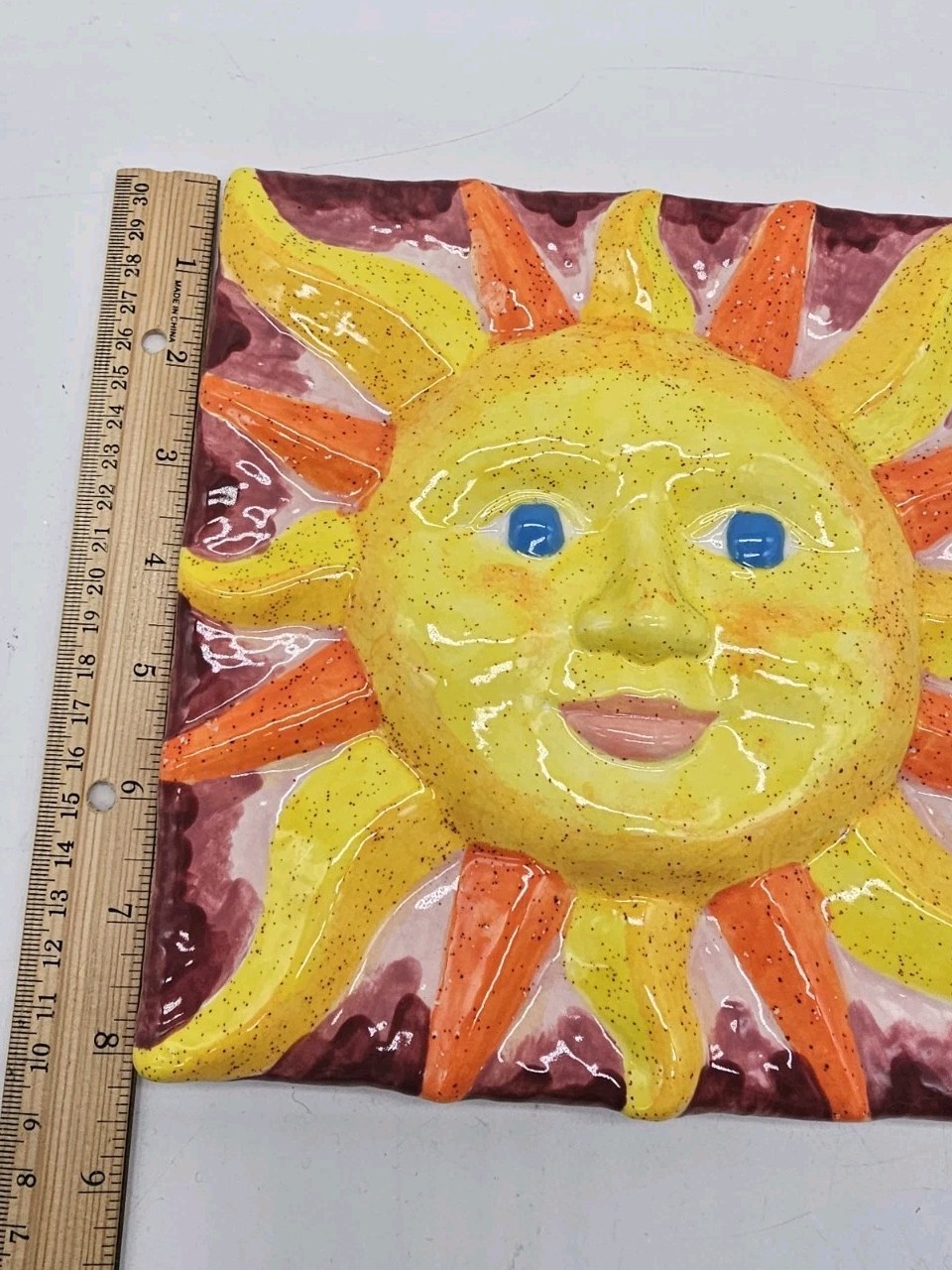 Handmade Ceramic Smiling Sun Face Bright Colors 8×8″ Plaque Wall Art Summer