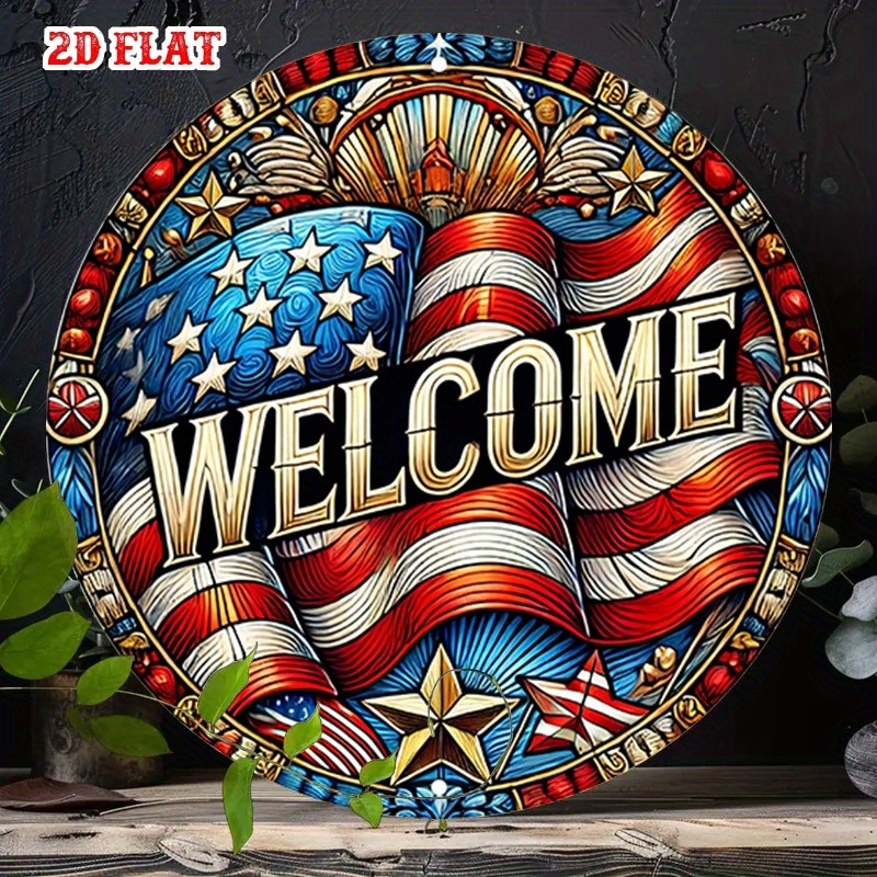 Aluminum Welcome Sign One Piece Round 8 Inch Funny Rustic Stars Decor