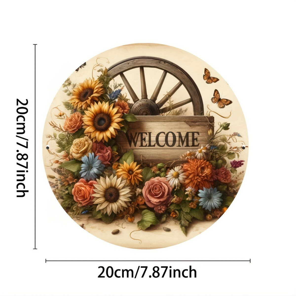 Rustic 2D Floral Wheel Tin Metal Signs, 8X8 Inches (20X20Cm), Welcome Art Decor
