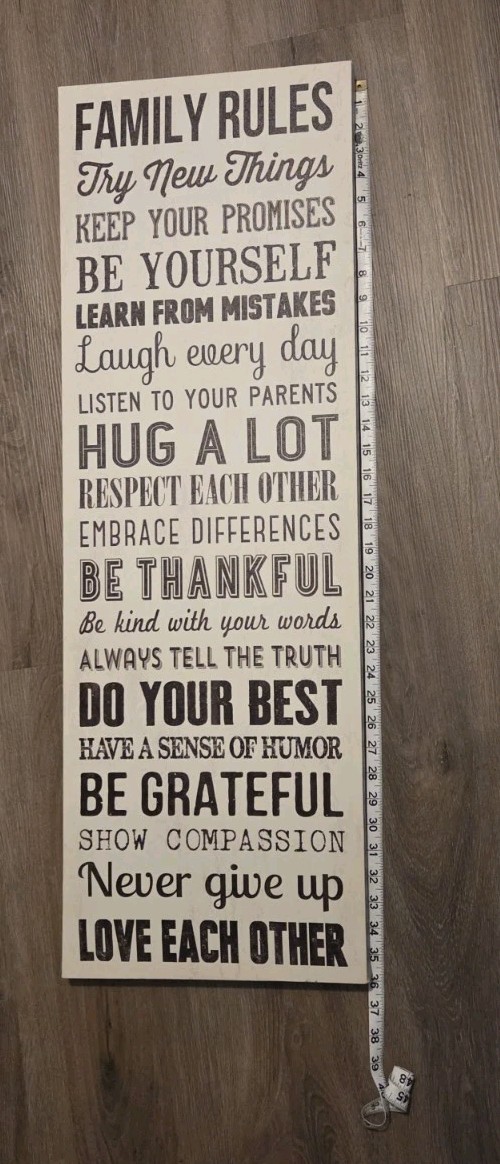 Large Inspirational Family Rules Wood Wall Sign, Beige Black, Hanging