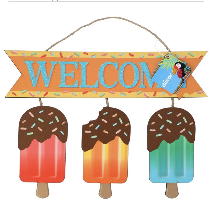 WELCOME Summer Sign Popsicle Frozen Ice Cream Treats Decor Glitter Wall Door NEW