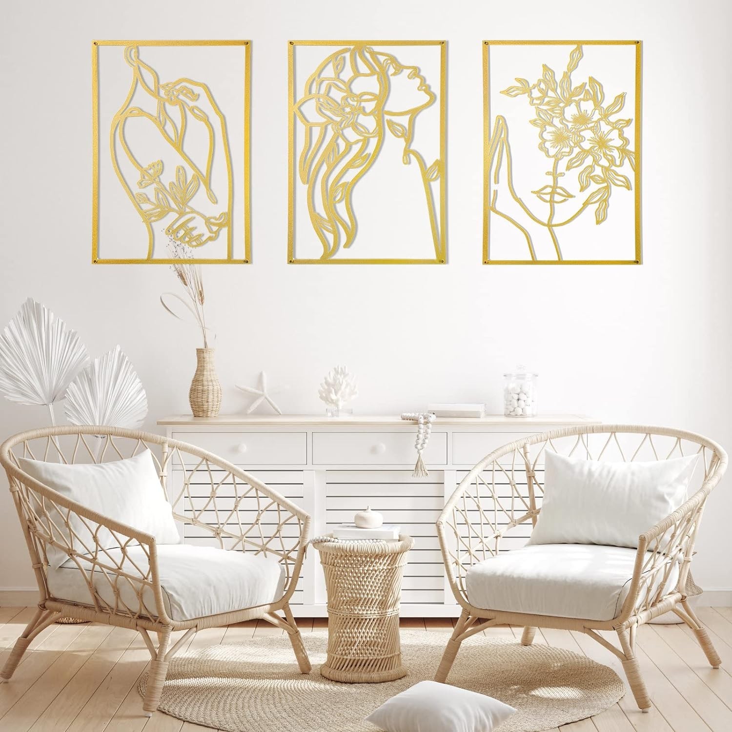3 Pcs Gold Wall Decor Above Bed Minimalist for Living Room Metal Line Art – F…