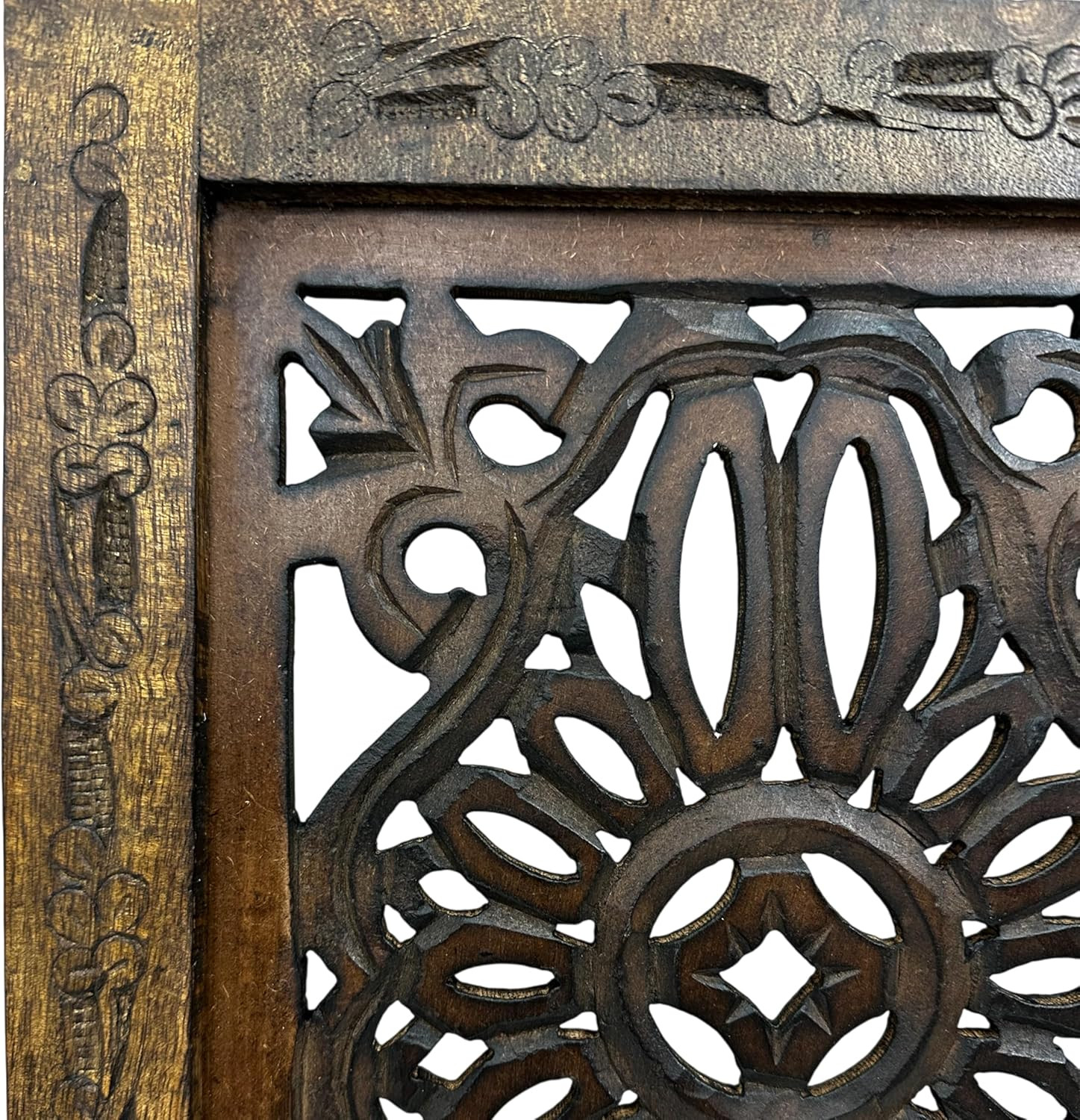 Floral Hand Carved Wooden Wall Panels Set of 2, Rustic Brown Decorative Wall Art