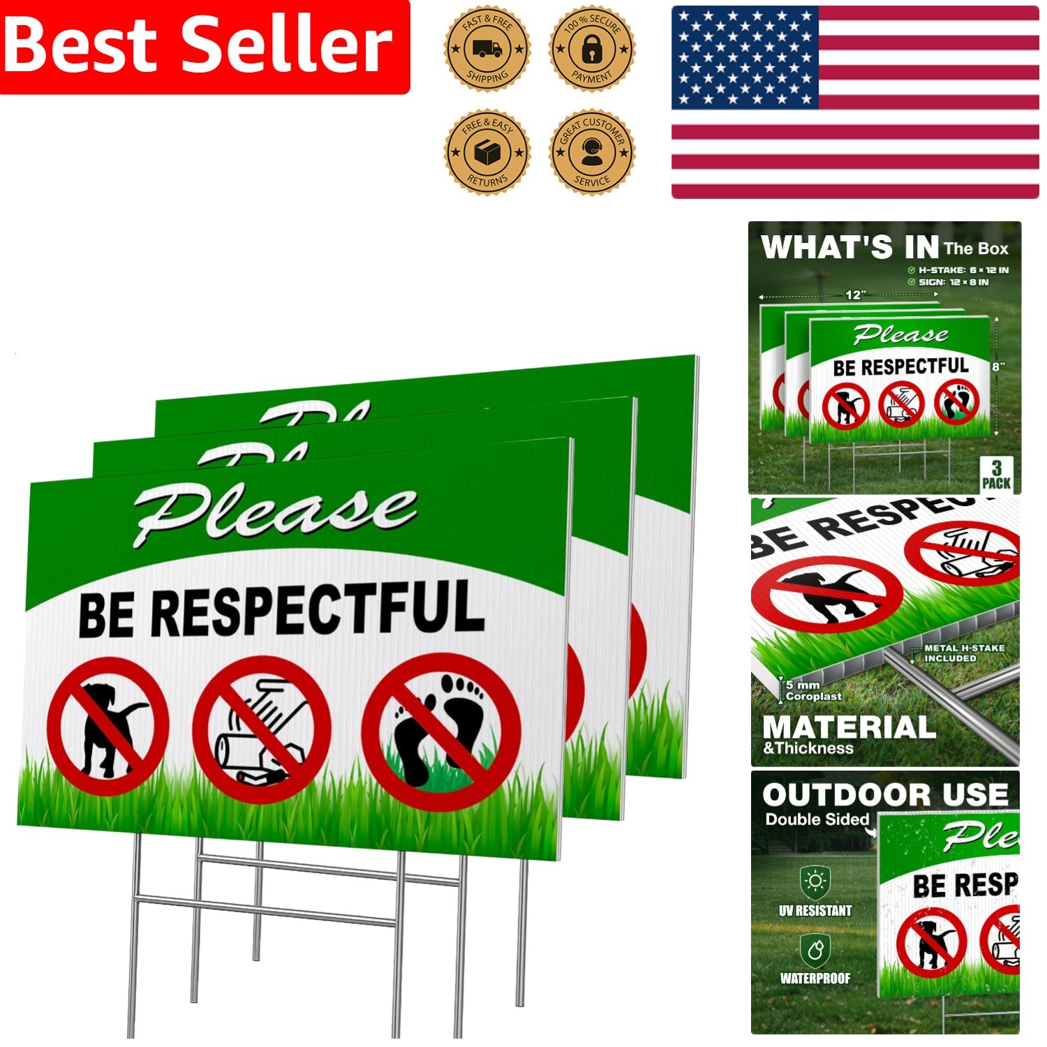 3 PC Keep Off Grass Dog Signs Yard Stake Outdoor Weatherproof 8×12 Double Sided