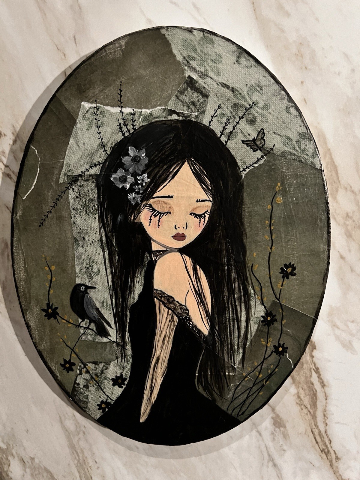 Lisa Rainwater Savill Whispers in the Shadows Oval Canvas Wall Plaque Raven Girl